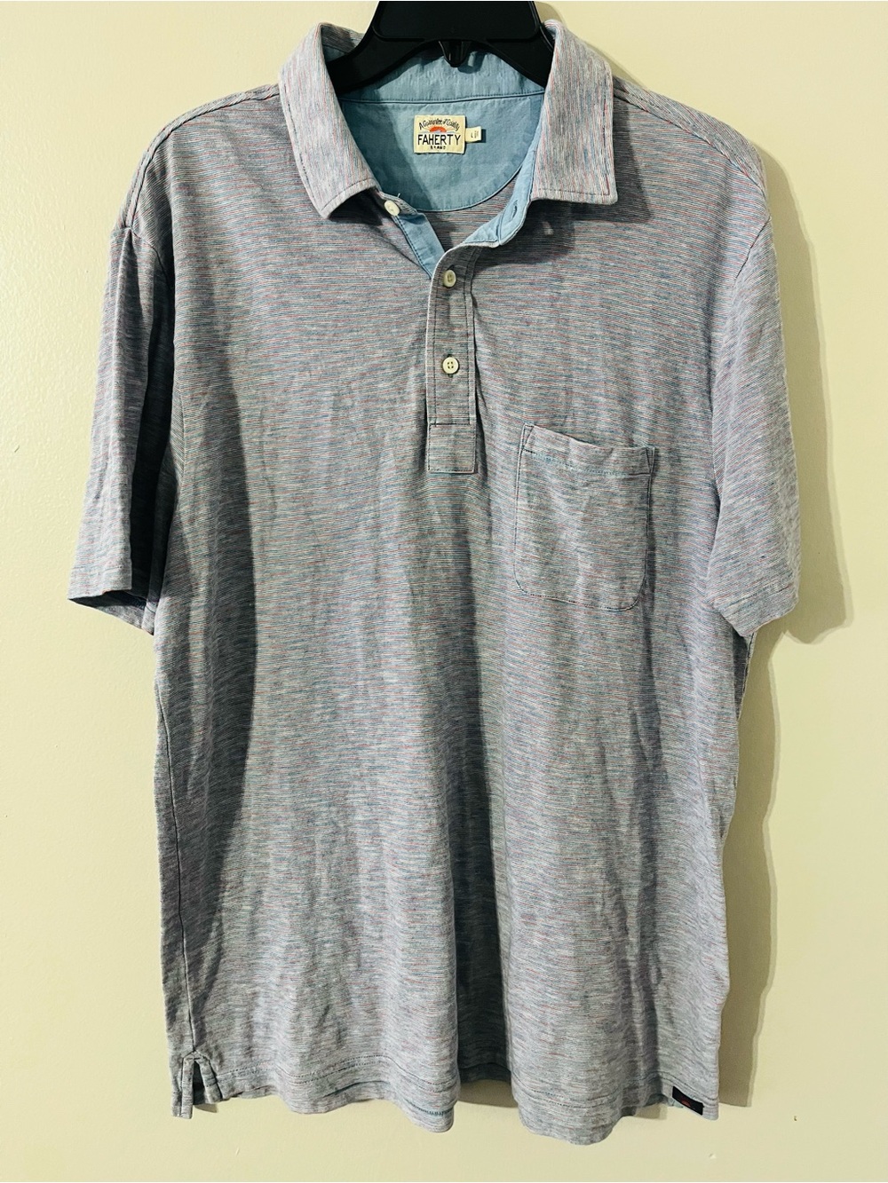 Faherty Men's Short Sleeve Indigo Striped Pocket Polo Shirt Sz L